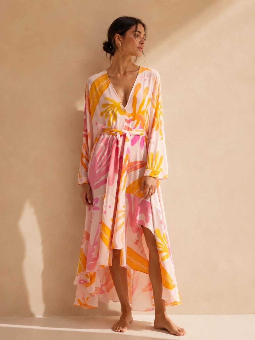 Kalmar 100% Silk Pink Orange Stella Raglan Sleeve Belted Resortwear Dress